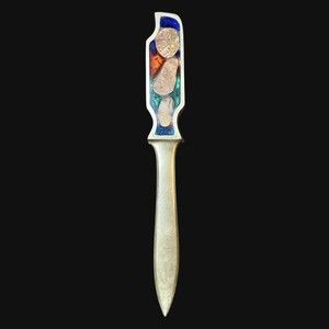 Vintage Letter Opener Brass & Inlaid Natural Stone ￼Cast In Jewel Colors 7” MCM
